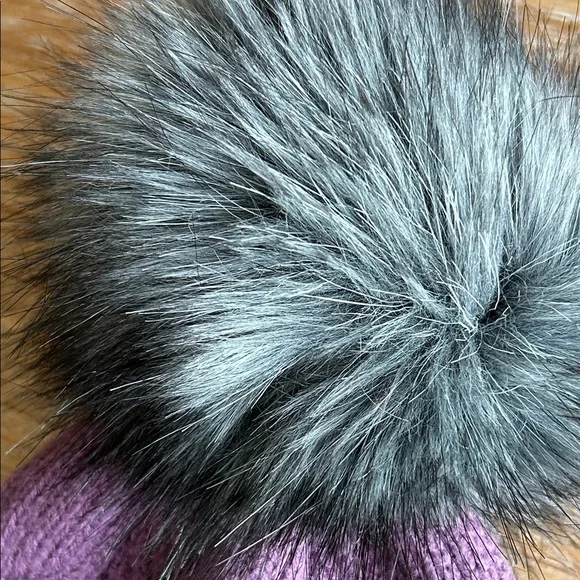 The North Face Youth Purple Knit Beanie with Fluffy Gray Pom-Pom - Picture 3 of 15